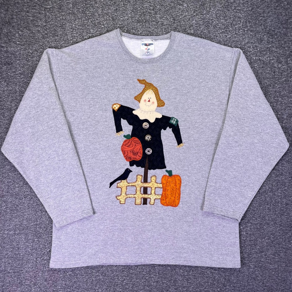 Jerzees Sweatshirt Unisex Medium Gray Fall Scarecrow Applique Casual Crewneck